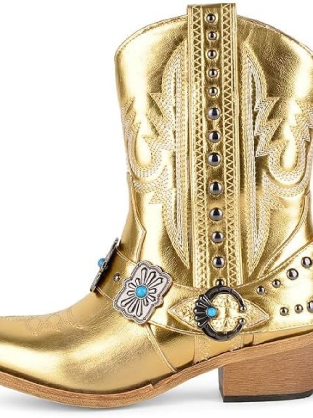 Women's Gold Ankle High Block Heel Pointed Toe Cowboy Rodeo Concert Boot